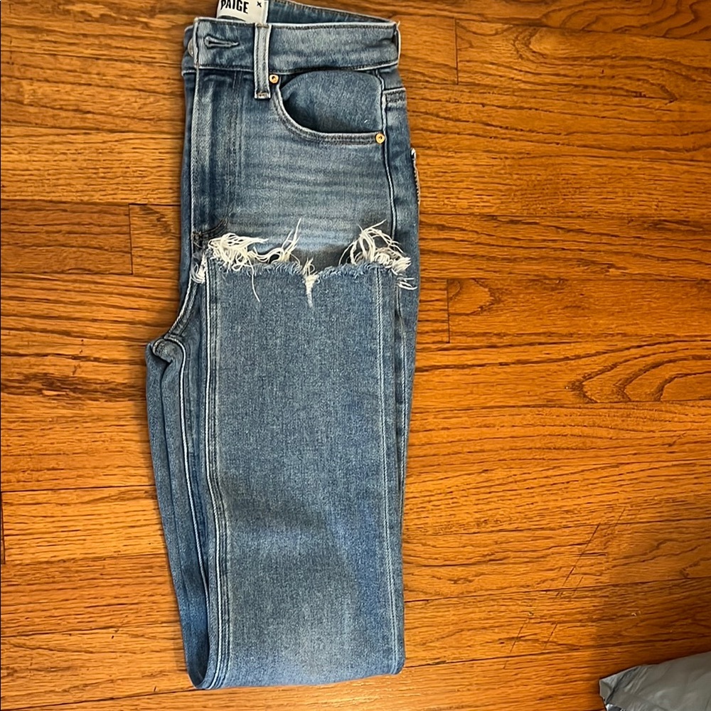 PAIGE Blue Ankle Cropped Jeans with Distressed Details